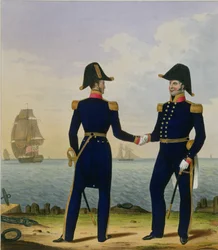 Kaptener, tavla 5 från "Costume of the Royal Navy and Marines", graverad av konstnärerna, ca 1830-37